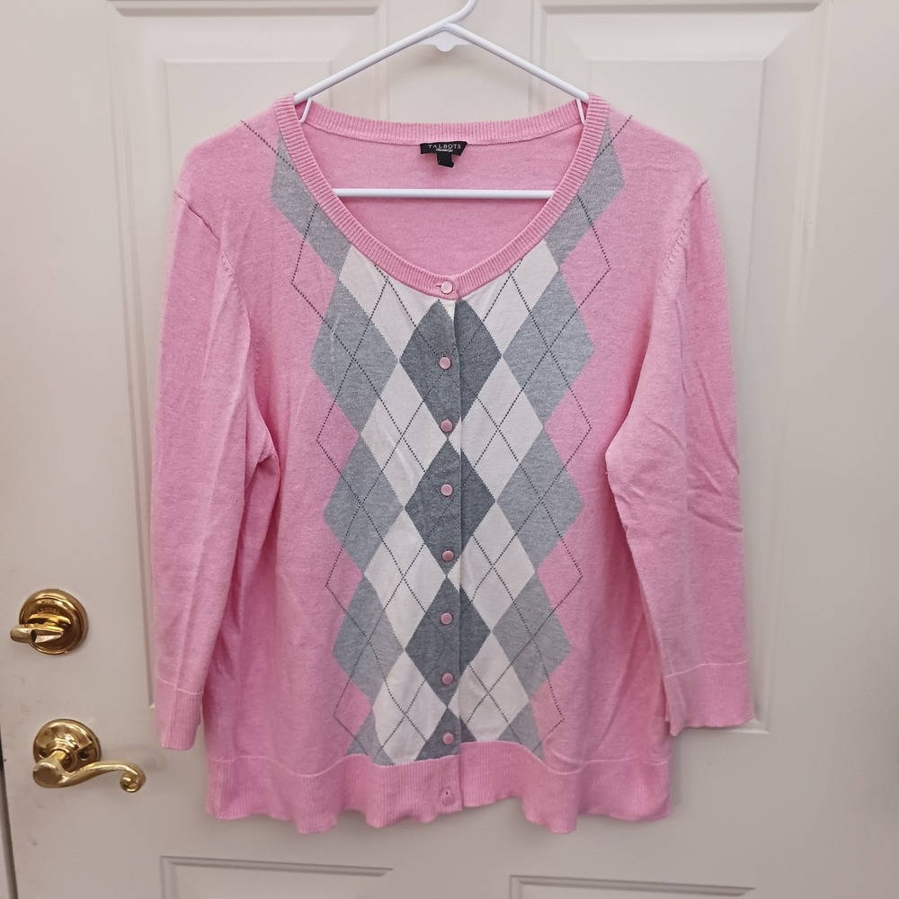 Talbots Pink Gray Argyle Cardigan Sweater XL Cotton Rayon Silk
